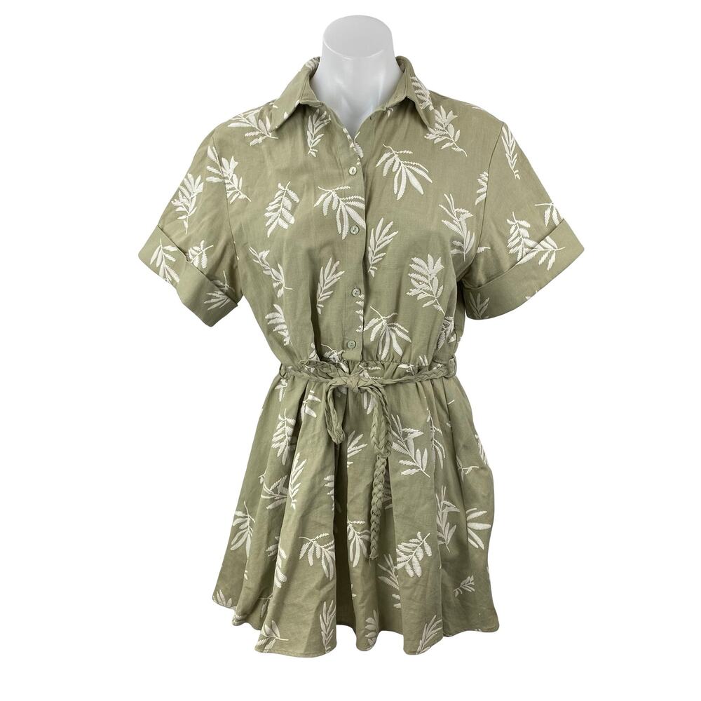 Zara Green Embroidered Leaf Linen Short Sleeve Belt A Line Mini Shirt Dress M